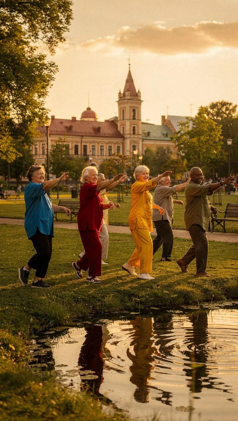 Instruktors, kas rāda jogas pozas, palīdzot gados vecākiem cilvēkiem sasniegt labklājību.